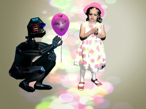 Robot handing balloon to girl