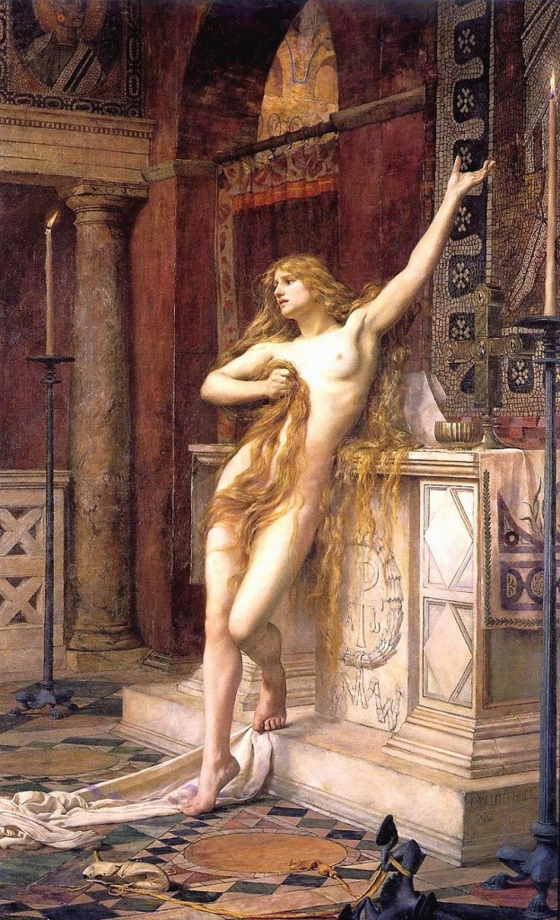 Hypatia was a philosopher in Alexandria. Her knowledge of astronomy and mathematics led to suspicion of sorcery and she was flayed alive by a mob of monks. She is considered by scholars such as Soldan and Heppe to have been the first famous woman to be persecuted for witchcraft by the Christians. (image credit: "Hypatia (Charles William Mitchell)" by Charles William Mitchell - http://www.artyzm.com/world/m/mitchell/hypatia.htm. Licensed under Public Domain via Commons - https://commons.wikimedia.org/wiki/File:Hypatia_(Charles_William_Mitchell).jpg#/media/File:Hypatia_(Charles_William_Mitchell).jpg