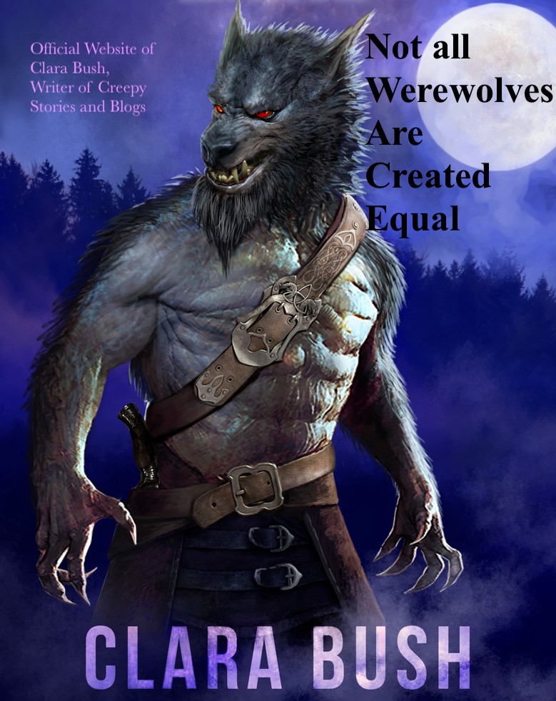 werewolf in three-quarter pose with full moon and purple wooded landscape background